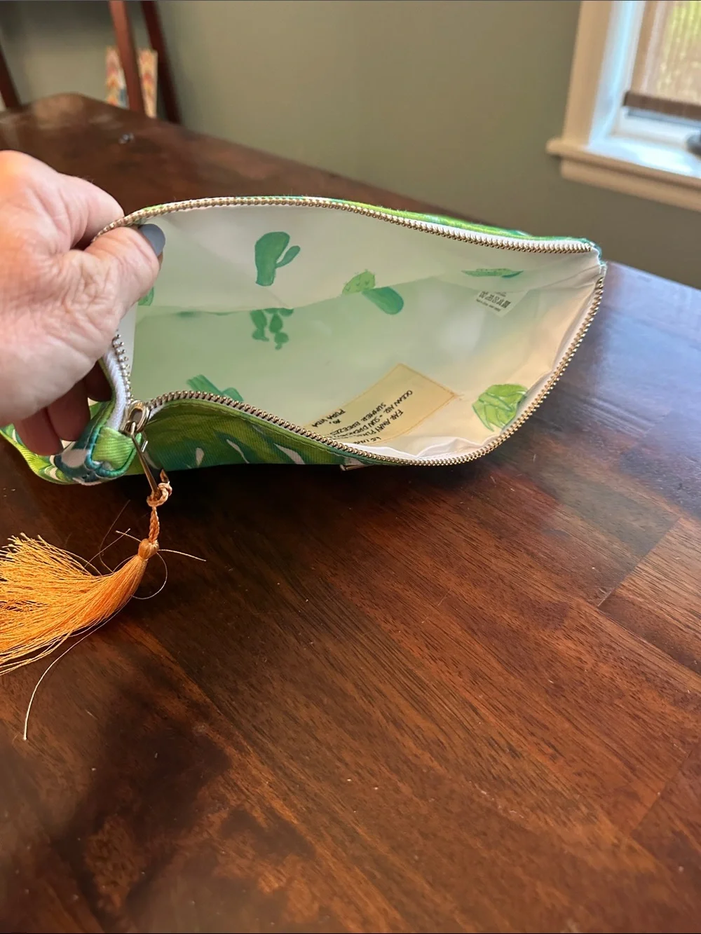 Pura Vida Green Leaf Canvas Clutch with Orange Tassel
